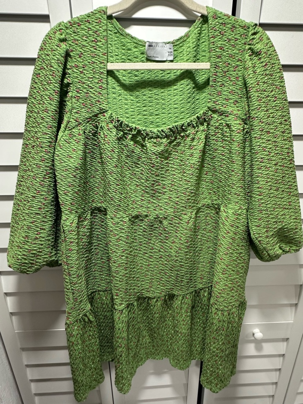 ASOS Lime Green Floral Prt Textured Tiered Long Sleeve Dress